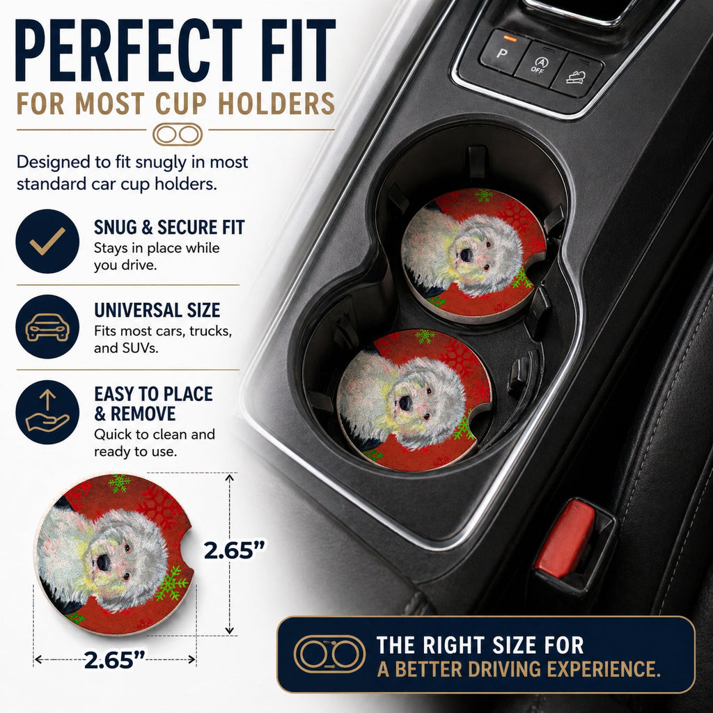 Old English Sheepdog Red  Green Snowflakes Holiday Christmas Set of 2 Cup Holder Car Coasters Absorbent Round Sandstone Coasters Gifts for Men or Women, 2.5, Multicolor