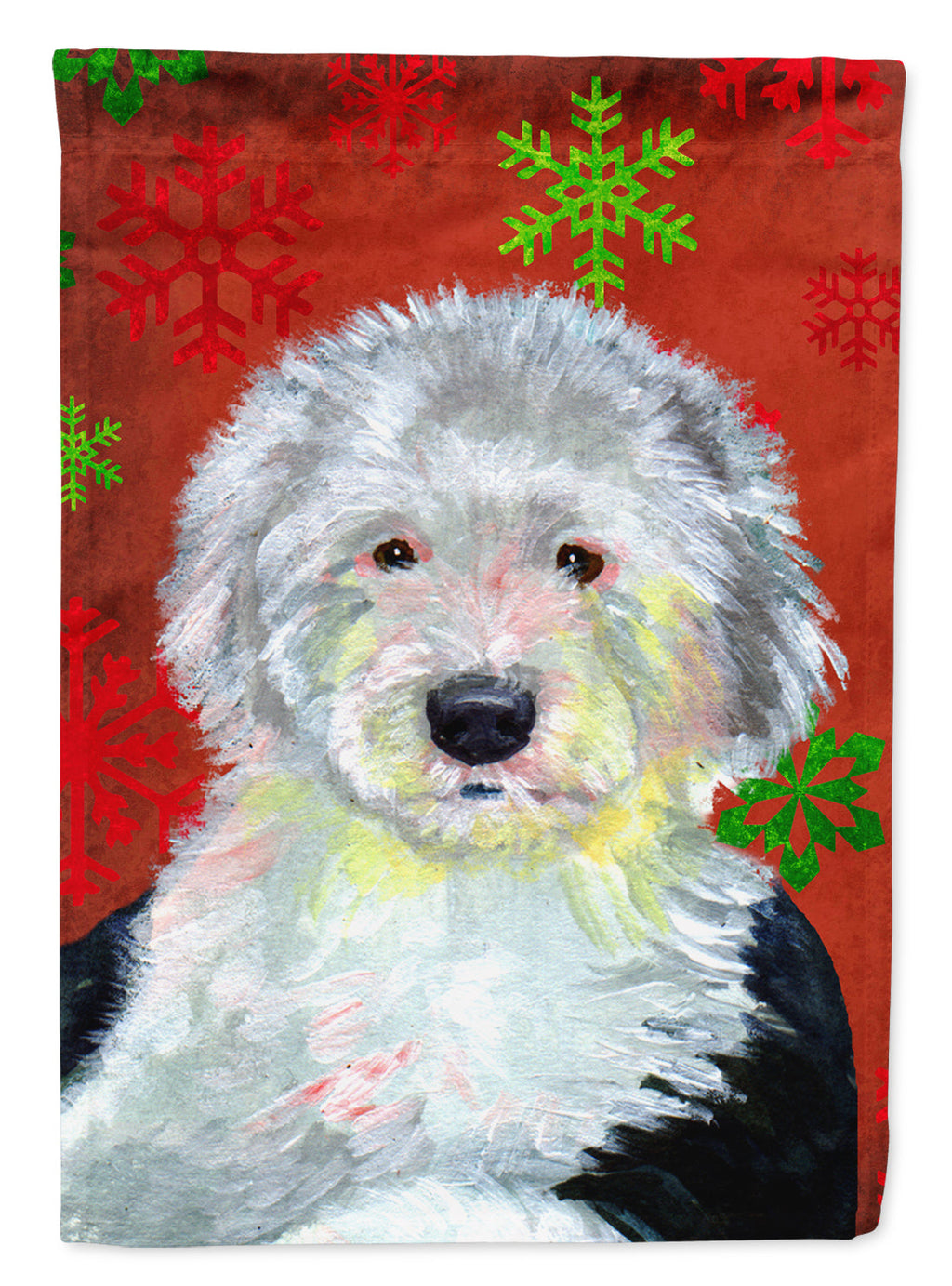 Old English Sheepdog Red  Green Snowflakes Holiday Christmas House Flag 28x40 Porch Sleeve Pole Decorative Outside Yard Banner Artwork Wall Hanging, Polyester