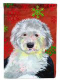Old English Sheepdog Red  Green Snowflakes Holiday Christmas House Flag 28x40 Porch Sleeve Pole Decorative Outside Yard Banner Artwork Wall Hanging, Polyester