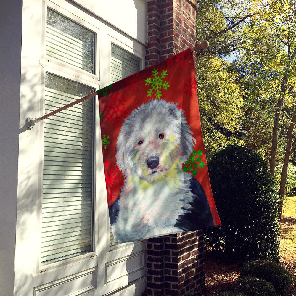 Old English Sheepdog Red  Green Snowflakes Holiday Christmas House Flag 28x40 Porch Sleeve Pole Decorative Outside Yard Banner Artwork Wall Hanging, Polyester