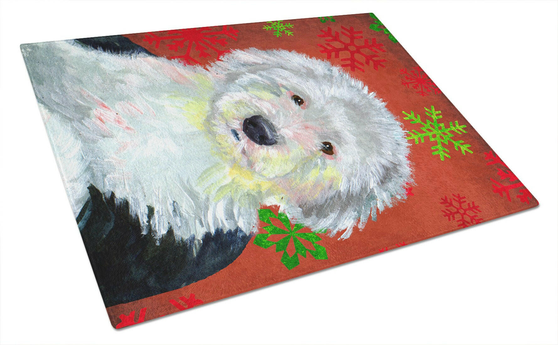Old English Sheepdog Red  Green Snowflakes Holiday Christmas Cutting Board Tempered Glass Kitchen Cutting Surface, Heat Resistant Chopping, Non-Slip Feet, Food Prep & Serving