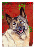 Norwegian Elkhound Red and Green Snowflakes Holiday Christmas House Flag 28x40 Porch Sleeve Pole Decorative Outside Yard Banner Artwork Wall Hanging, Polyester