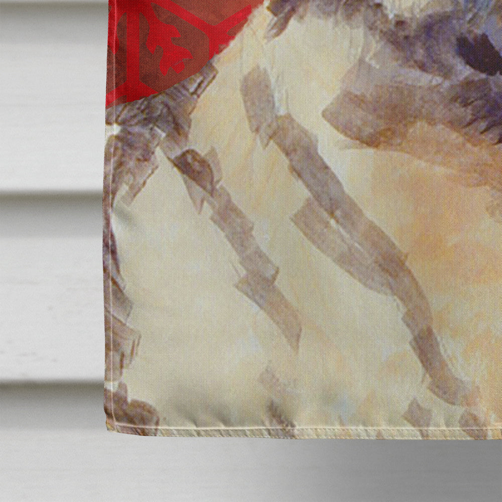 Norwegian Elkhound Red and Green Snowflakes Holiday Christmas House Flag 28x40 Porch Sleeve Pole Decorative Outside Yard Banner Artwork Wall Hanging, Polyester