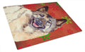 Norwegian Elkhound Red and Green Snowflakes Holiday Christmas Cutting Board Tempered Glass Kitchen Cutting Surface, Heat Resistant Chopping, Non-Slip Feet, Food Prep & Serving