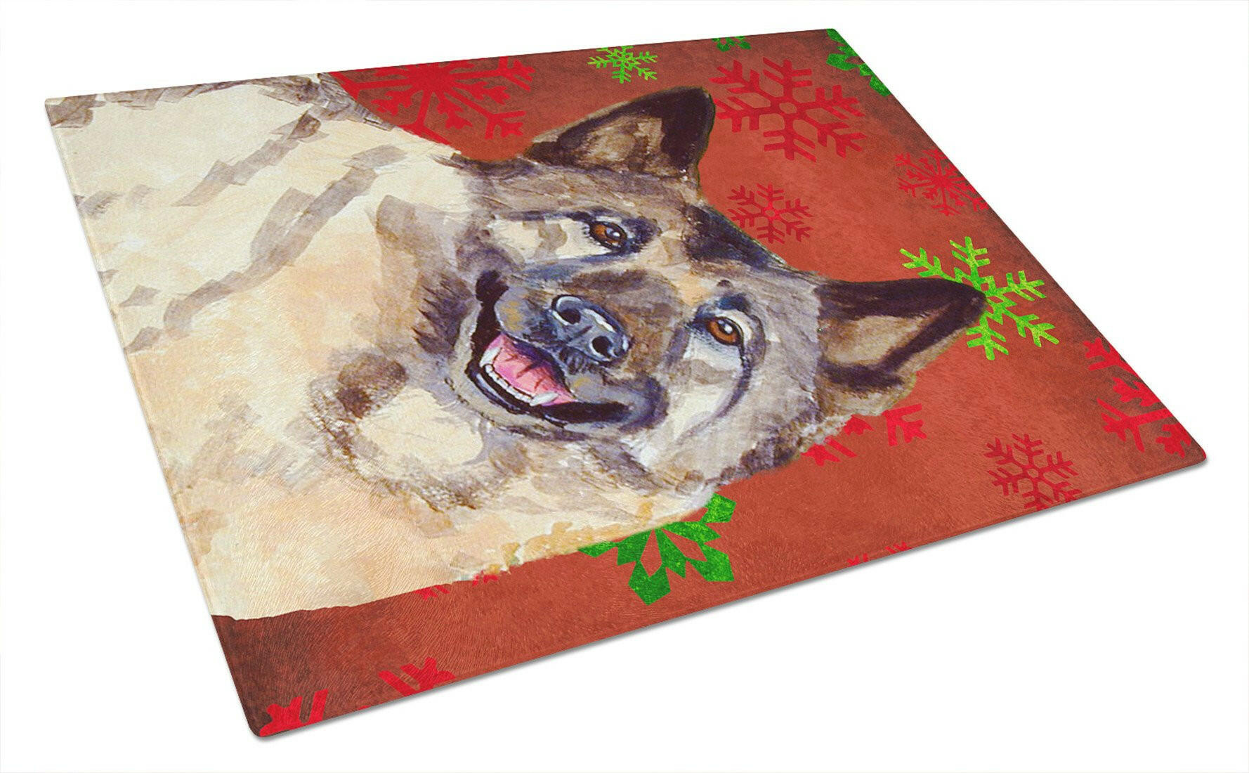 Norwegian Elkhound Red and Green Snowflakes Holiday Christmas Cutting Board Tempered Glass Kitchen Cutting Surface, Heat Resistant Chopping, Non-Slip Feet, Food Prep & Serving