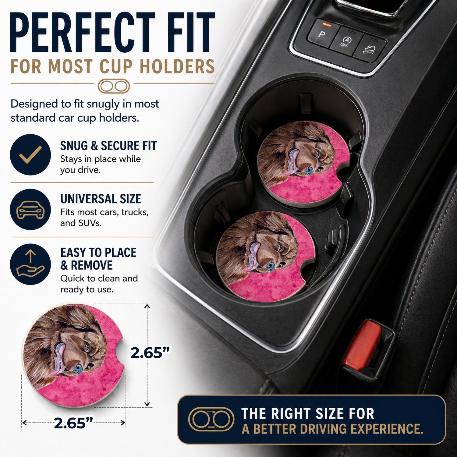 Pink Newfoundland Set of 2 Cup Holder Car Coasters Absorbent Round Sandstone Coasters Gifts for Men or Women, 2.5, Multicolor