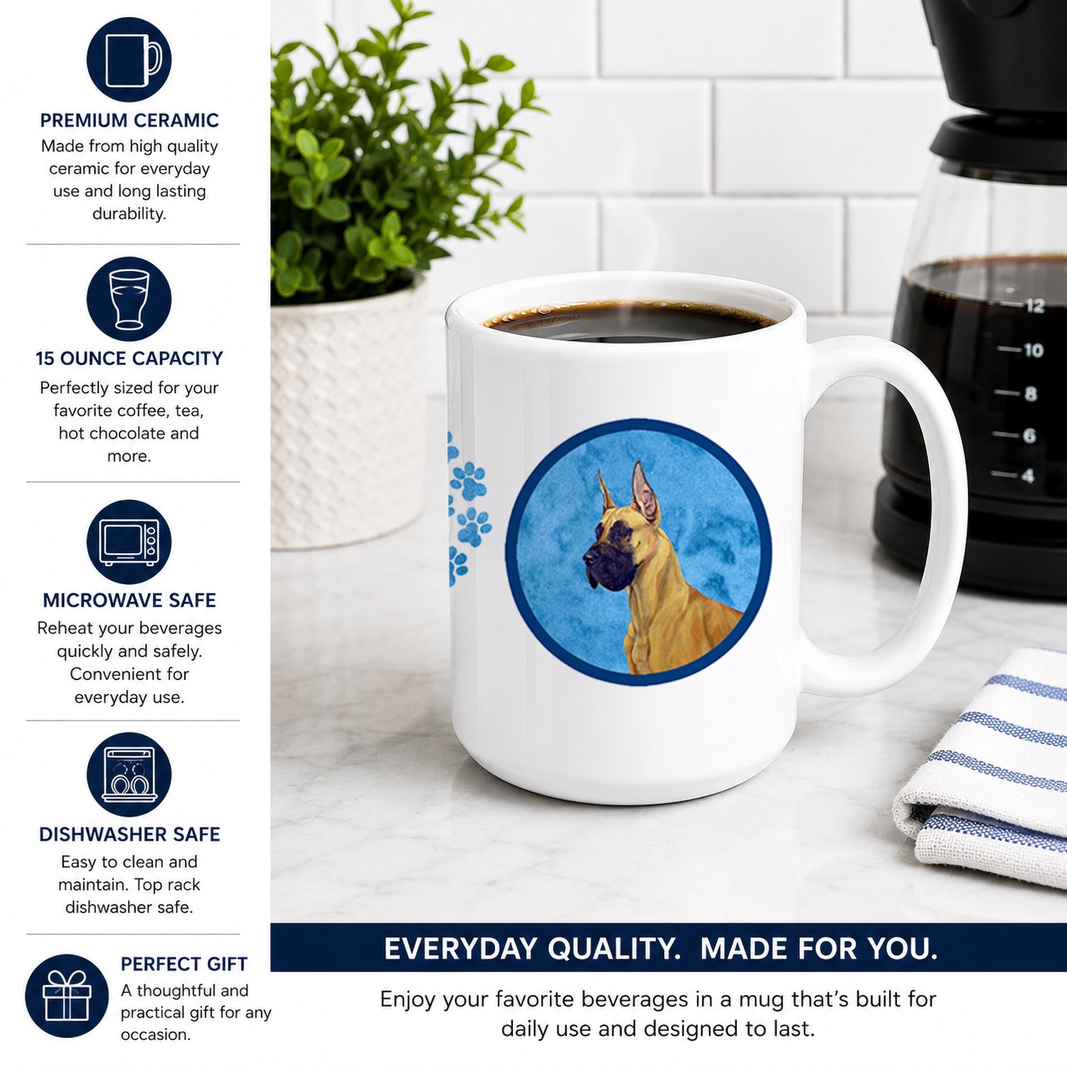 Blue Great Dane Ceramic Coffee Mug 15 oz Decorative Large C Handle Mug Cup for Tea, Cocoa Hot Chocolate