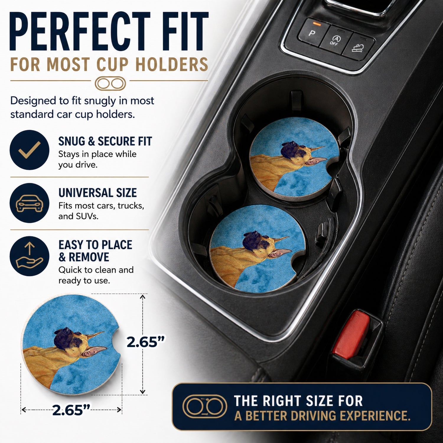 Blue Great Dane Set of 2 Cup Holder Car Coasters Absorbent Round Sandstone Coasters Gifts for Men or Women, 2.5, Multicolor