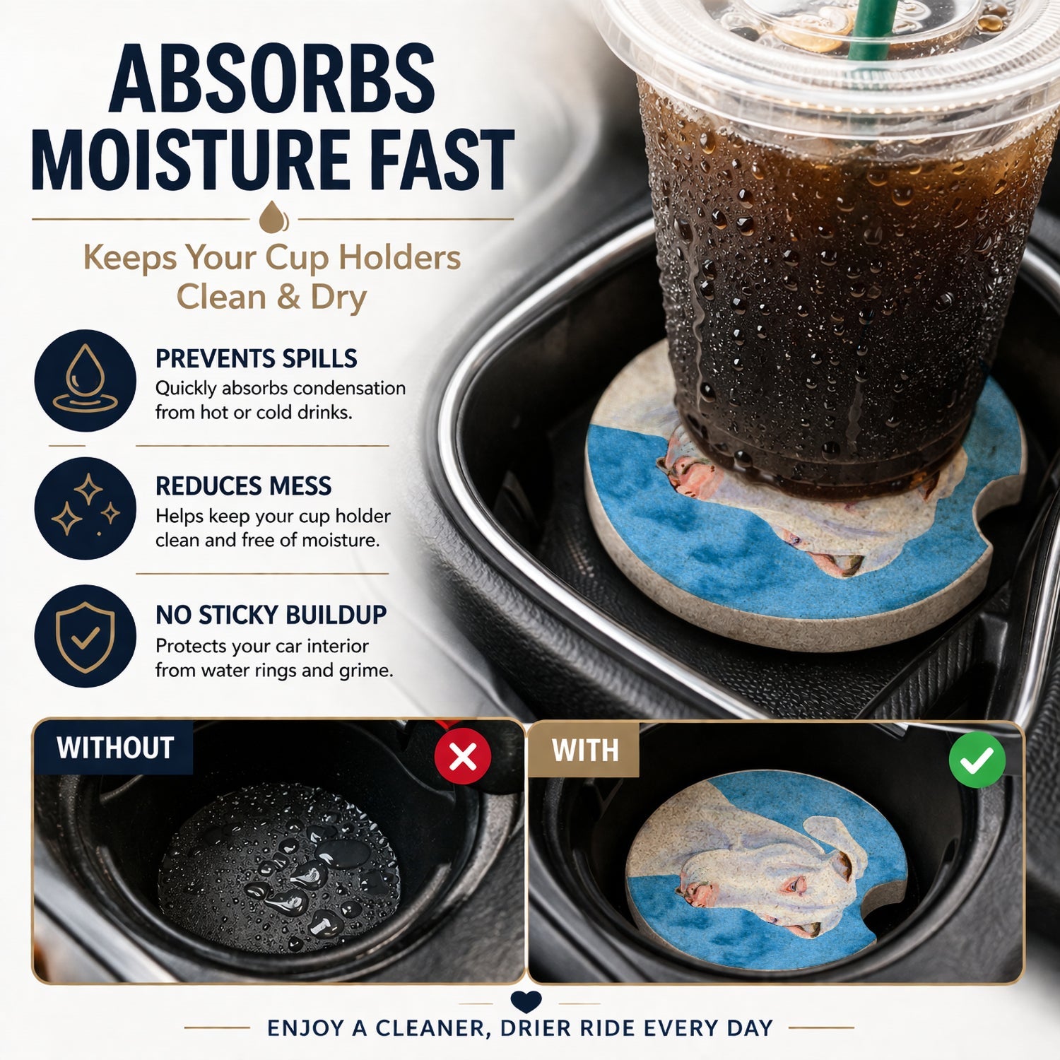 Blue Great Dane Set of 2 Cup Holder Car Coasters Absorbent Round Sandstone Coasters Gifts for Men or Women, 2.5, Multicolor