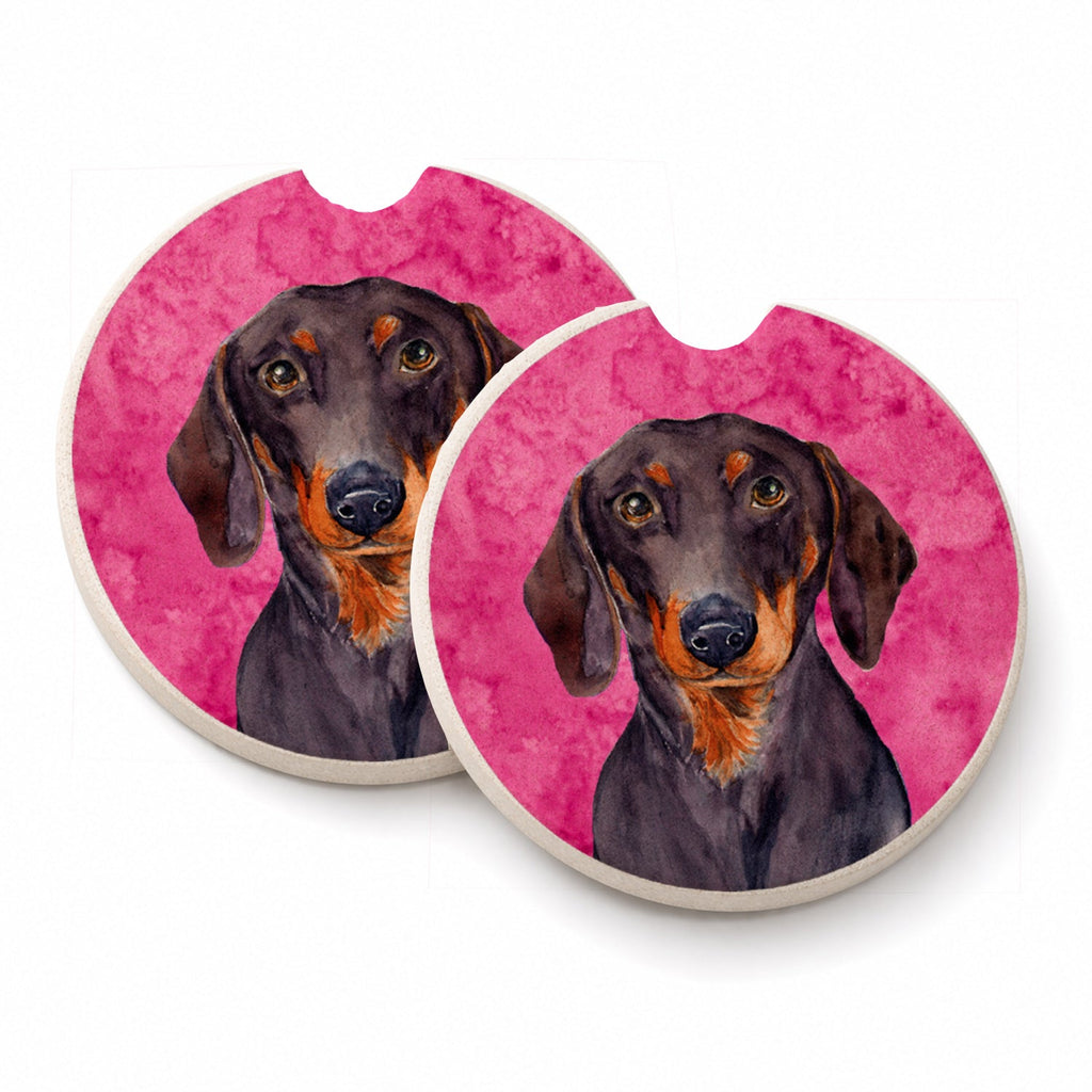 Pink Dachshund Set of 2 Cup Holder Car Coasters Absorbent Round Sandstone Coasters Gifts for Men or Women, 2.5, Multicolor