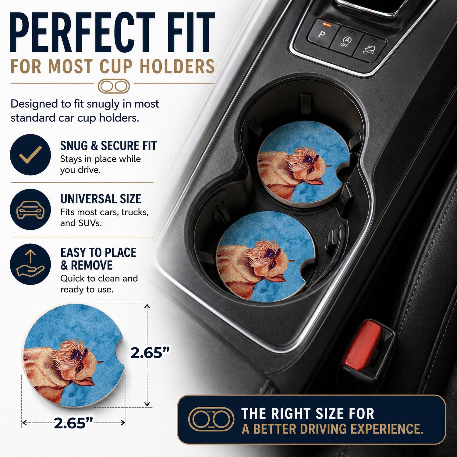 Blue Brussels Griffon Set of 2 Cup Holder Car Coasters Absorbent Round Sandstone Coasters Gifts for Men or Women, 2.5, Multicolor