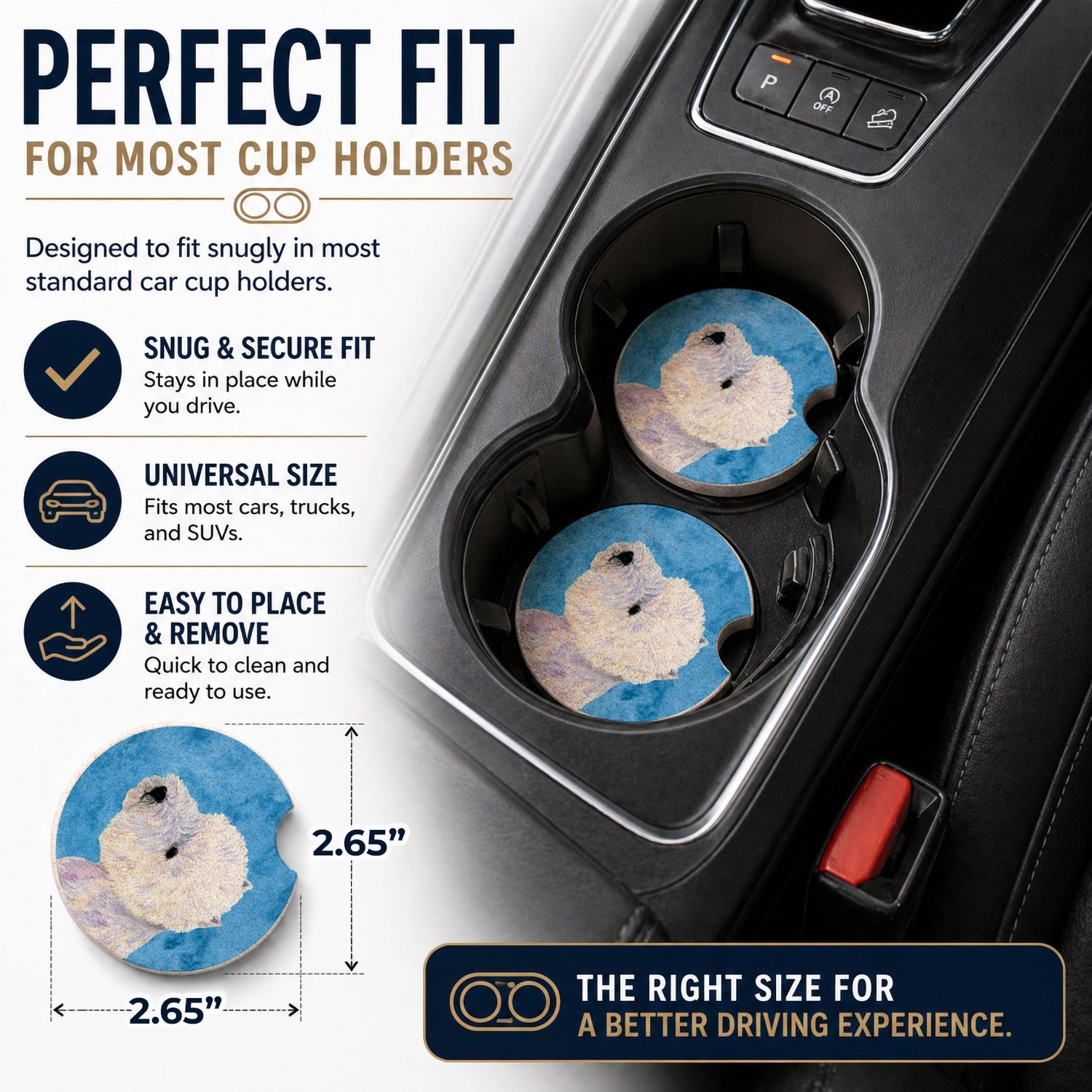 Blue Westie Set of 2 Cup Holder Car Coasters Absorbent Round Sandstone Coasters Gifts for Men or Women, 2.5, Multicolor