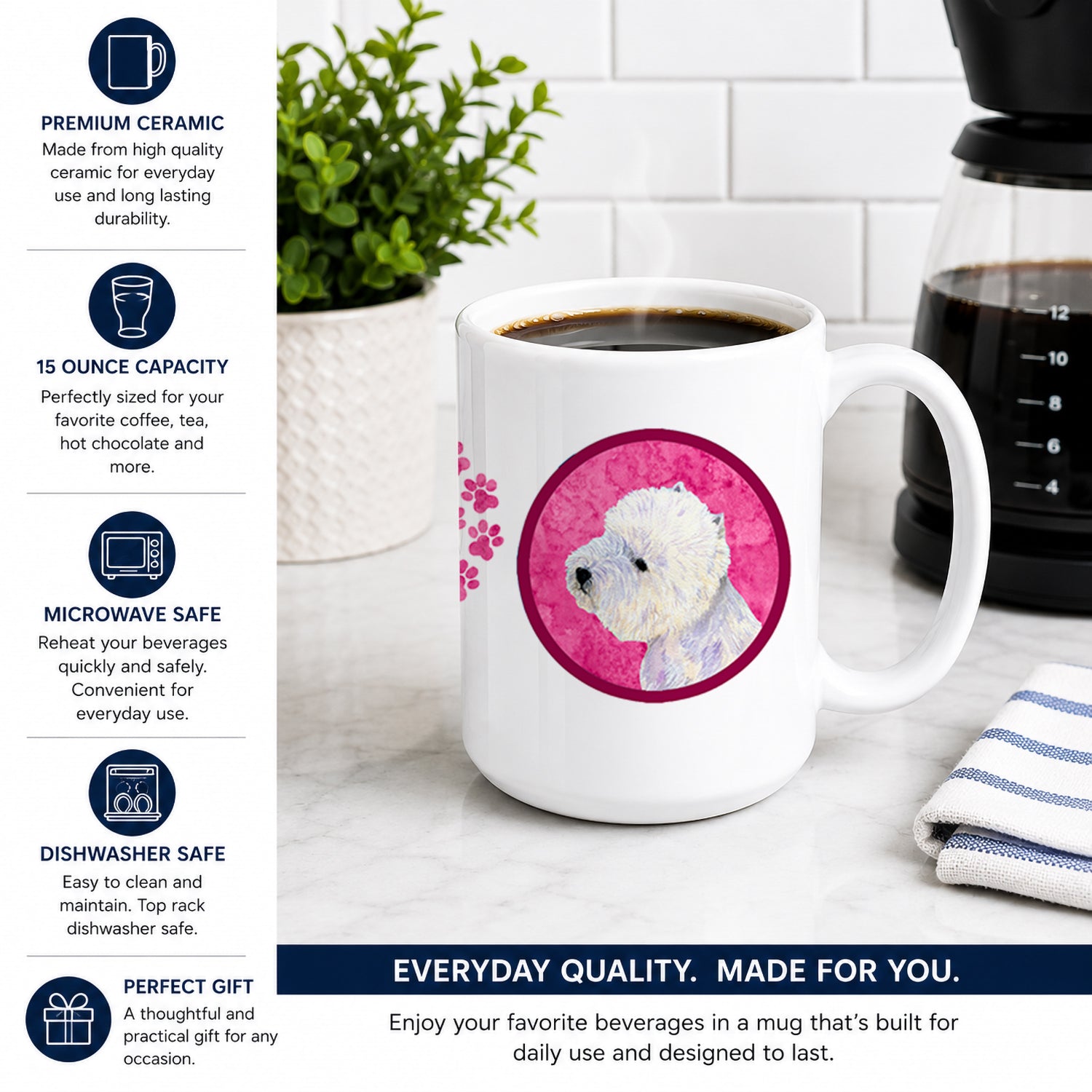 Pink Westie Ceramic Coffee Mug 15 oz Decorative Large C Handle Mug Cup for Tea, Cocoa Hot Chocolate