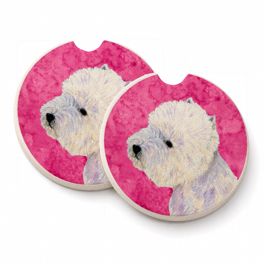 Pink Westie Set of 2 Cup Holder Car Coasters Absorbent Round Sandstone Coasters Gifts for Men or Women, 2.5, Multicolor