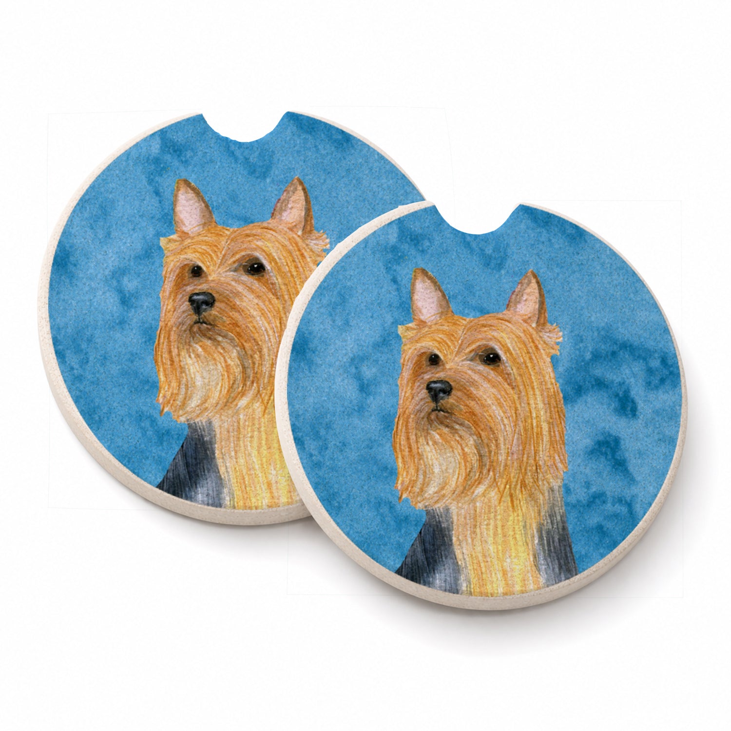 Blue Silky Terrier Set of 2 Cup Holder Car Coasters Absorbent Round Sandstone Coasters Gifts for Men or Women, 2.5, Multicolor
