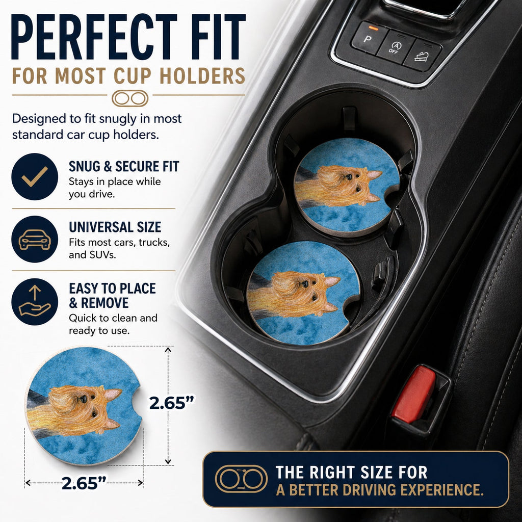 Blue Silky Terrier Set of 2 Cup Holder Car Coasters Absorbent Round Sandstone Coasters Gifts for Men or Women, 2.5, Multicolor