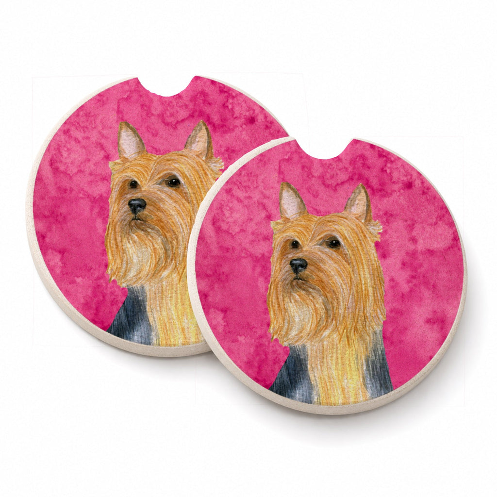 Pink Silky Terrier Set of 2 Cup Holder Car Coasters Absorbent Round Sandstone Coasters Gifts for Men or Women, 2.5, Multicolor