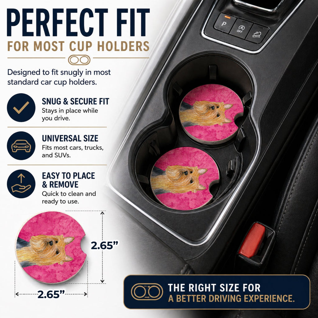 Pink Silky Terrier Set of 2 Cup Holder Car Coasters Absorbent Round Sandstone Coasters Gifts for Men or Women, 2.5, Multicolor