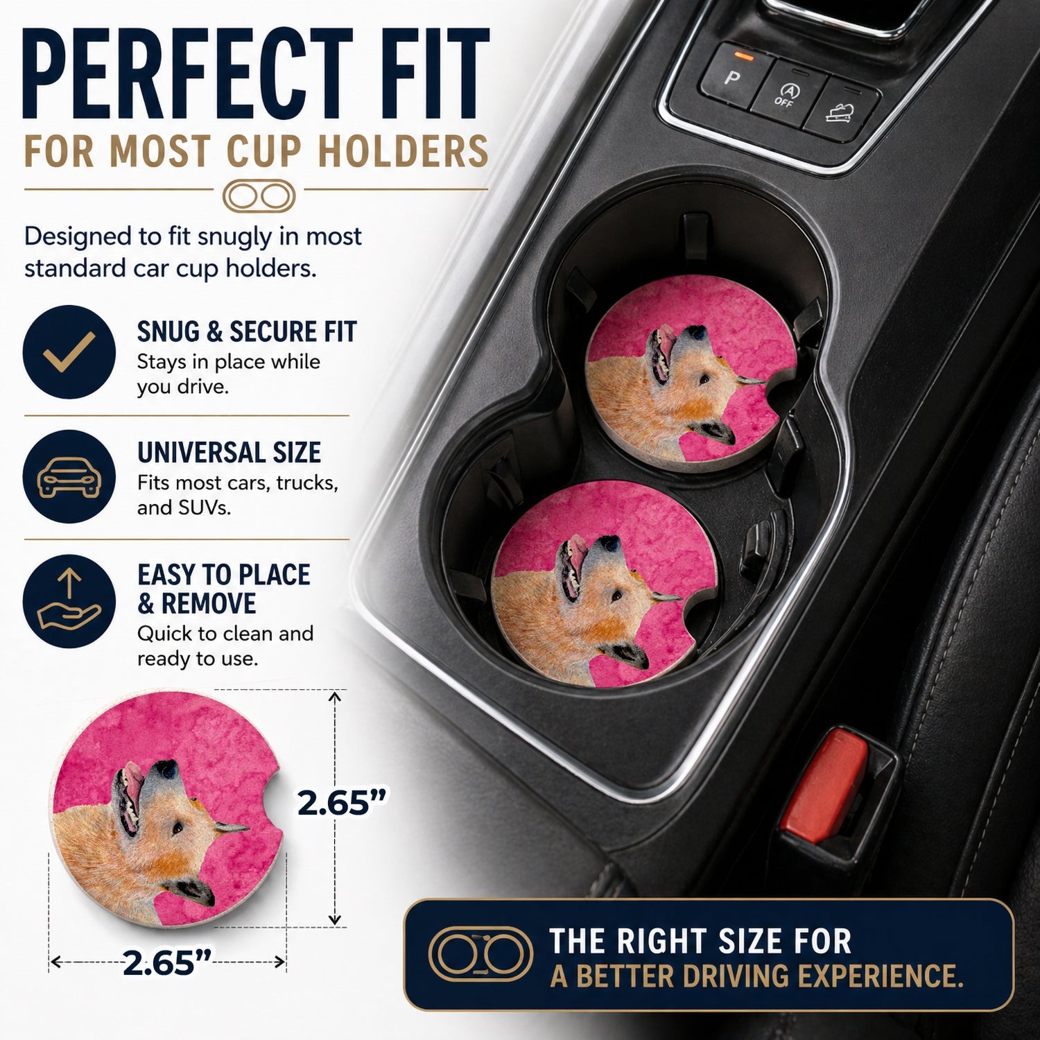 Pink Australian Cattle Dog Set of 2 Cup Holder Car Coasters Absorbent Round Sandstone Coasters Gifts for Men or Women, 2.5, Multicolor