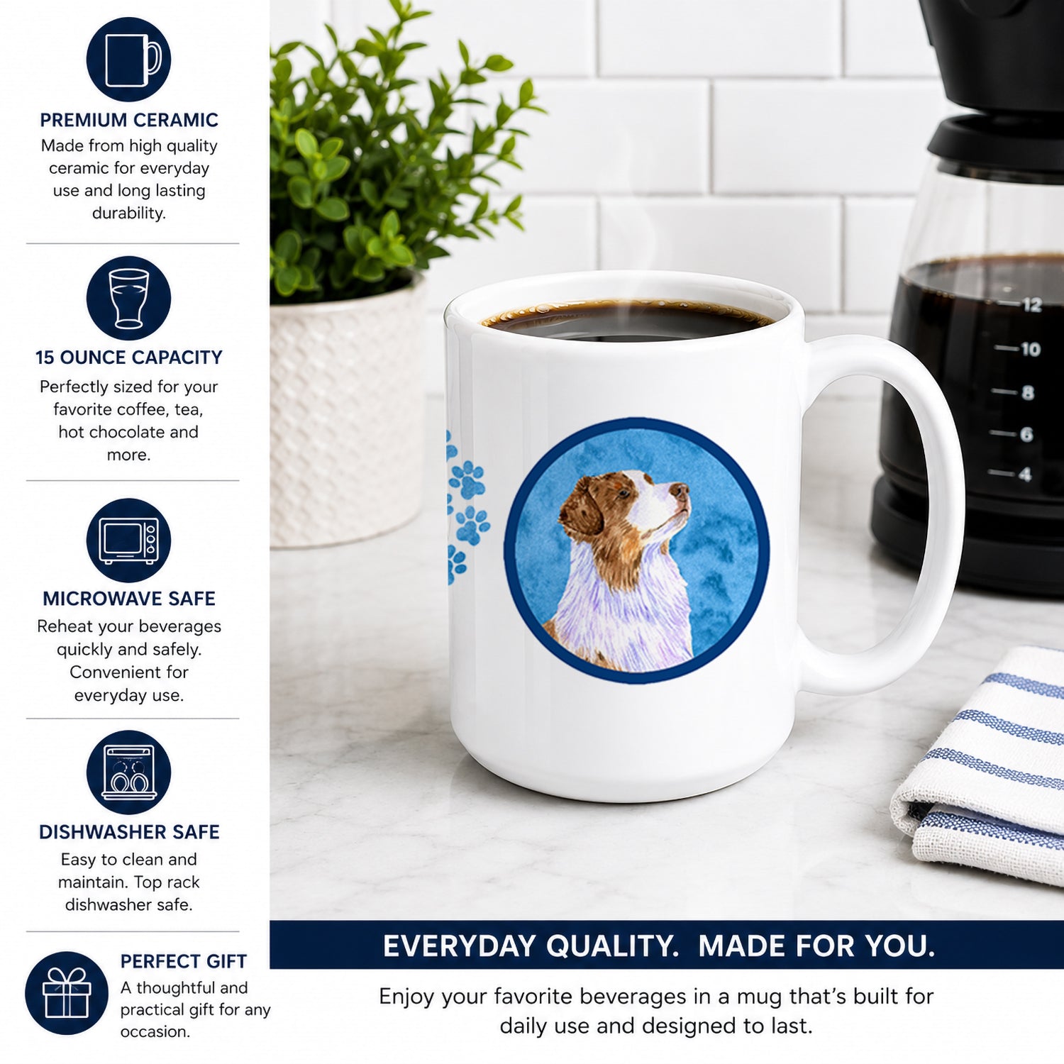 Blue Australian Shepherd Ceramic Coffee Mug 15 oz Decorative Large C Handle Mug Cup for Tea, Cocoa Hot Chocolate