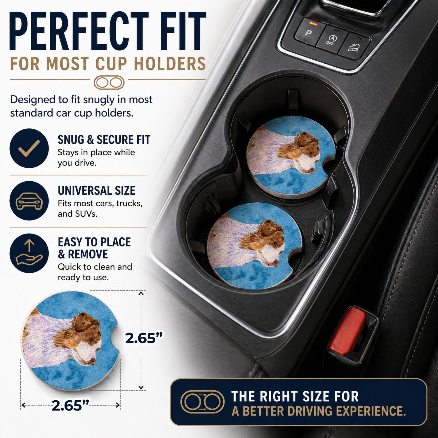 Blue Australian Shepherd Set of 2 Cup Holder Car Coasters Absorbent Round Sandstone Coasters Gifts for Men or Women, 2.5, Multicolor