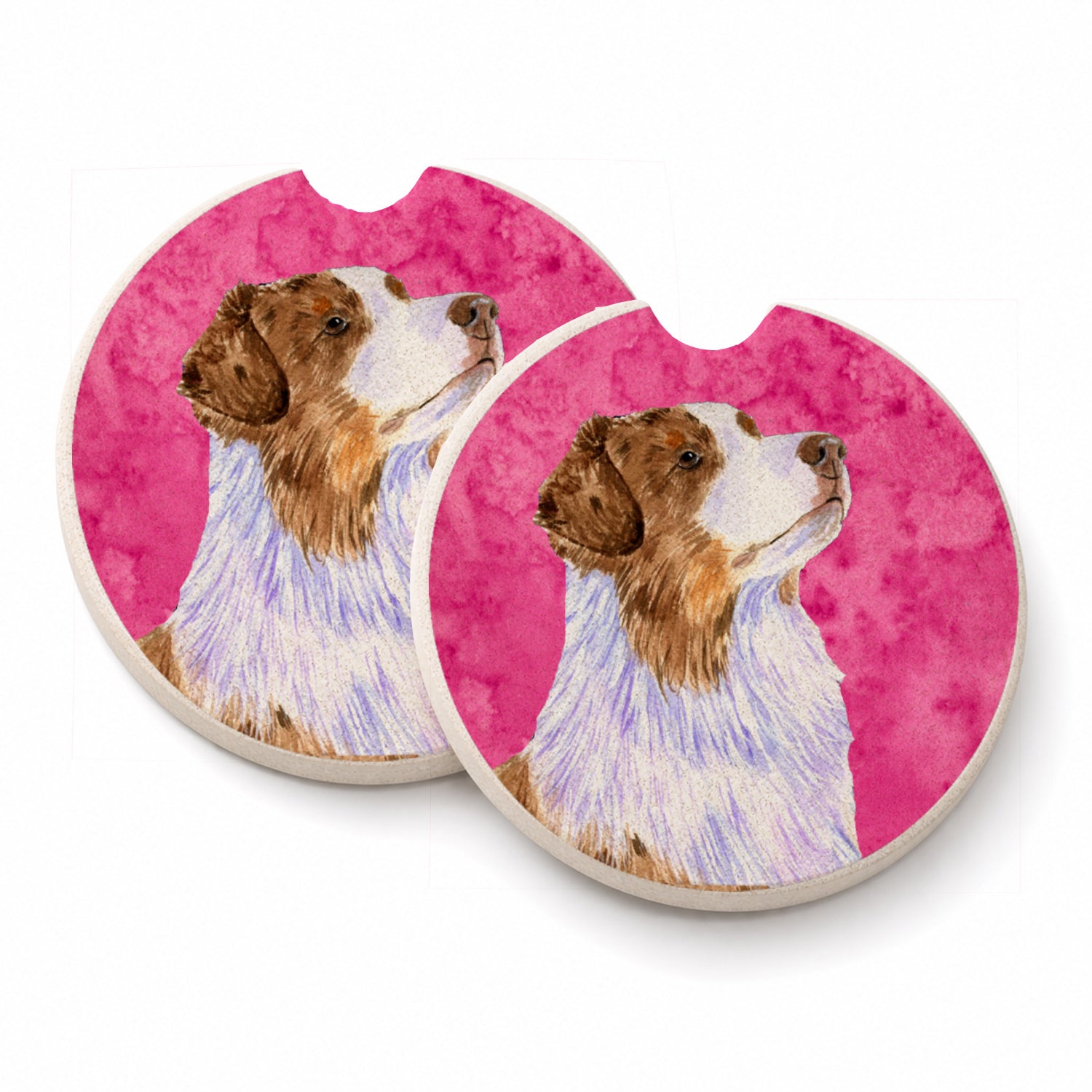 Pink Australian Shepherd Set of 2 Cup Holder Car Coasters Absorbent Round Sandstone Coasters Gifts for Men or Women, 2.5, Multicolor