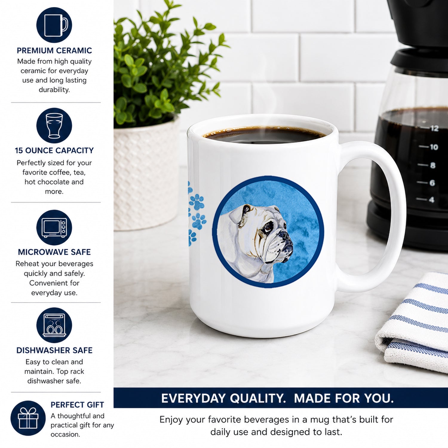 Blue Bulldog English Ceramic Coffee Mug 15 oz Decorative Large C Handle Mug Cup for Tea, Cocoa Hot Chocolate