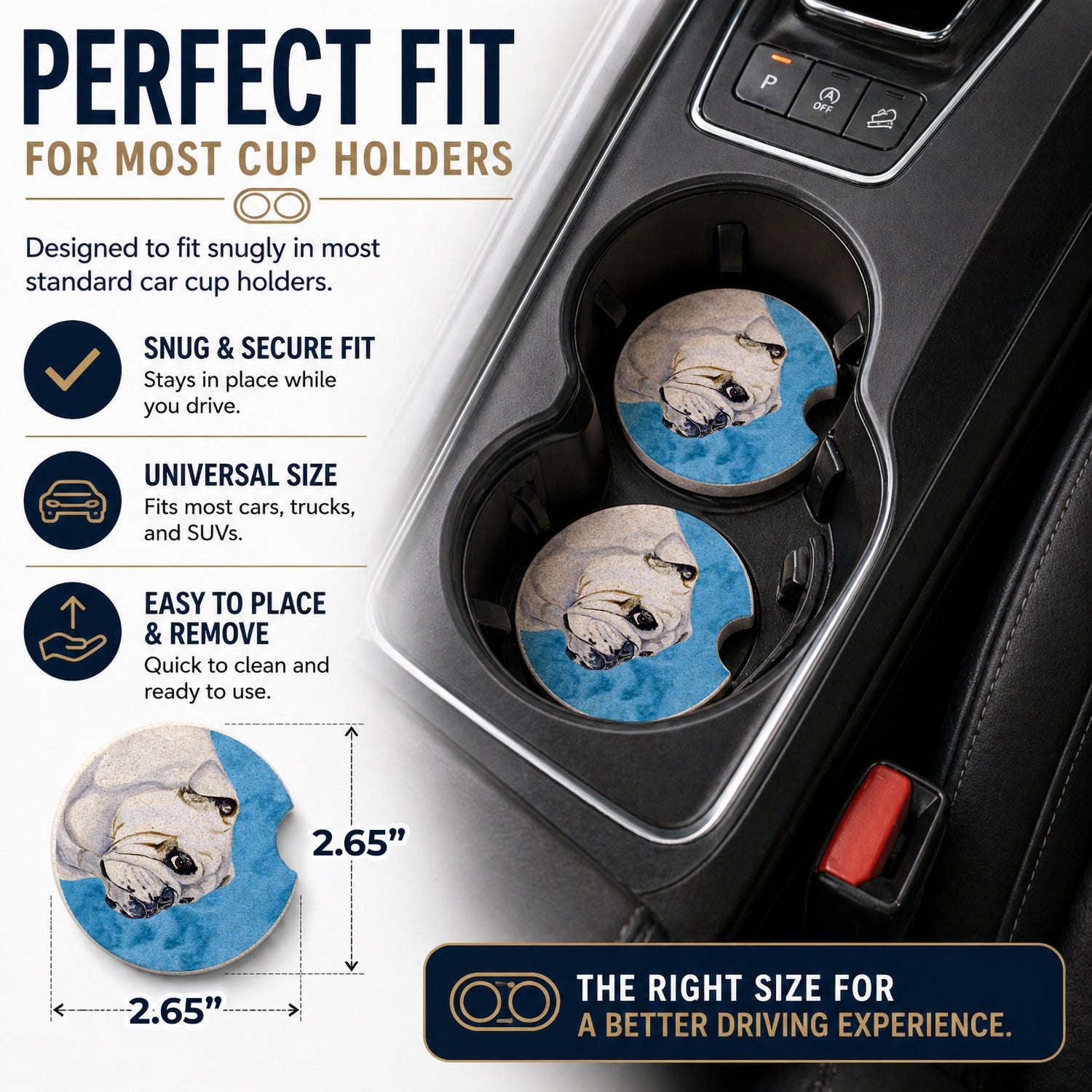 Blue Bulldog English Set of 2 Cup Holder Car Coasters Absorbent Round Sandstone Coasters Gifts for Men or Women, 2.5, Multicolor