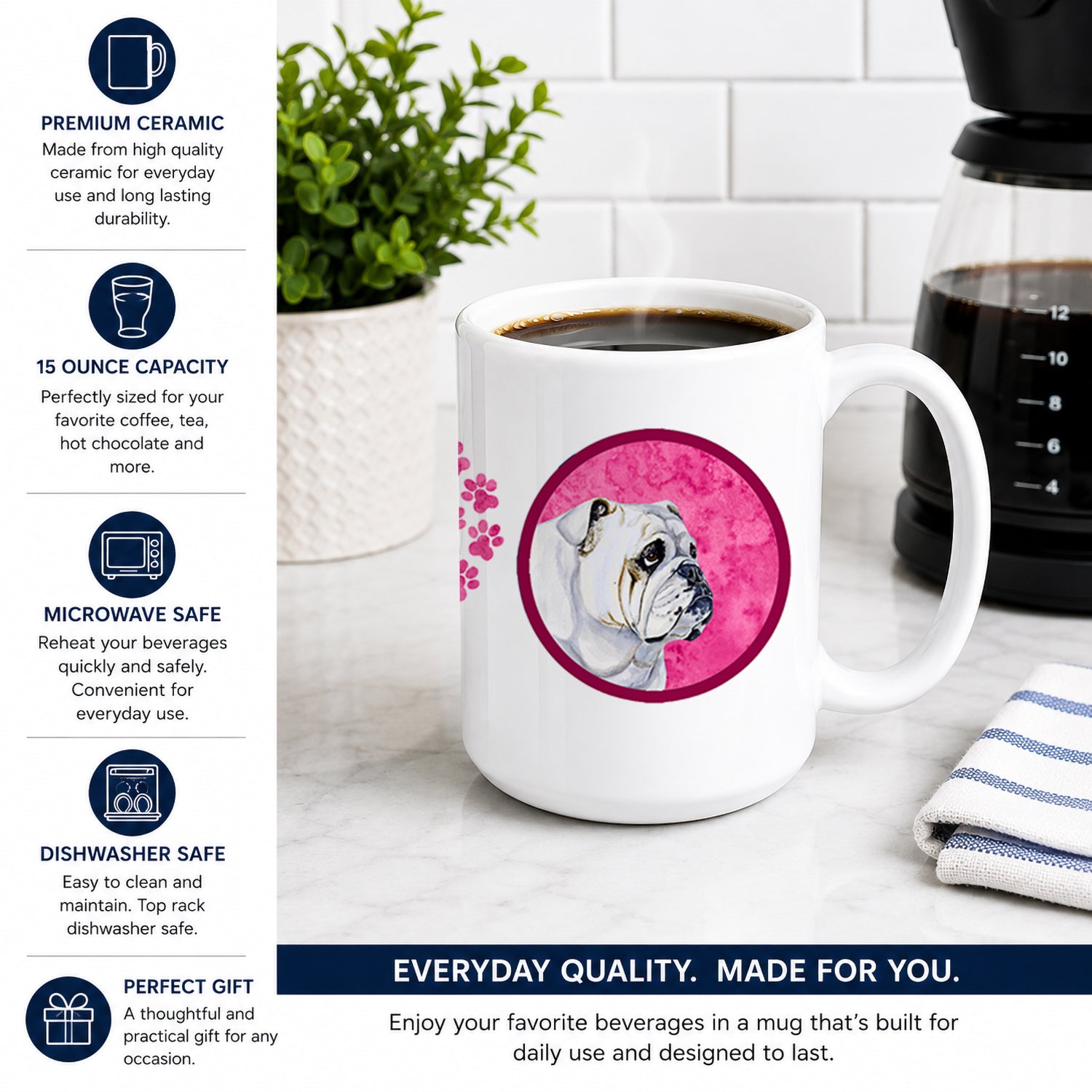 Pink Bulldog English Ceramic Coffee Mug 15 oz Decorative Large C Handle Mug Cup for Tea, Cocoa Hot Chocolate