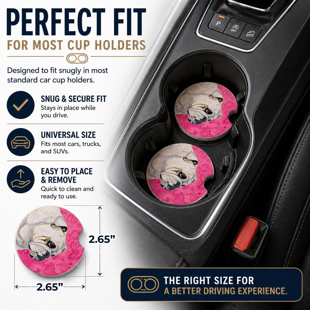 Pink Bulldog English Set of 2 Cup Holder Car Coasters Absorbent Round Sandstone Coasters Gifts for Men or Women, 2.5, Multicolor