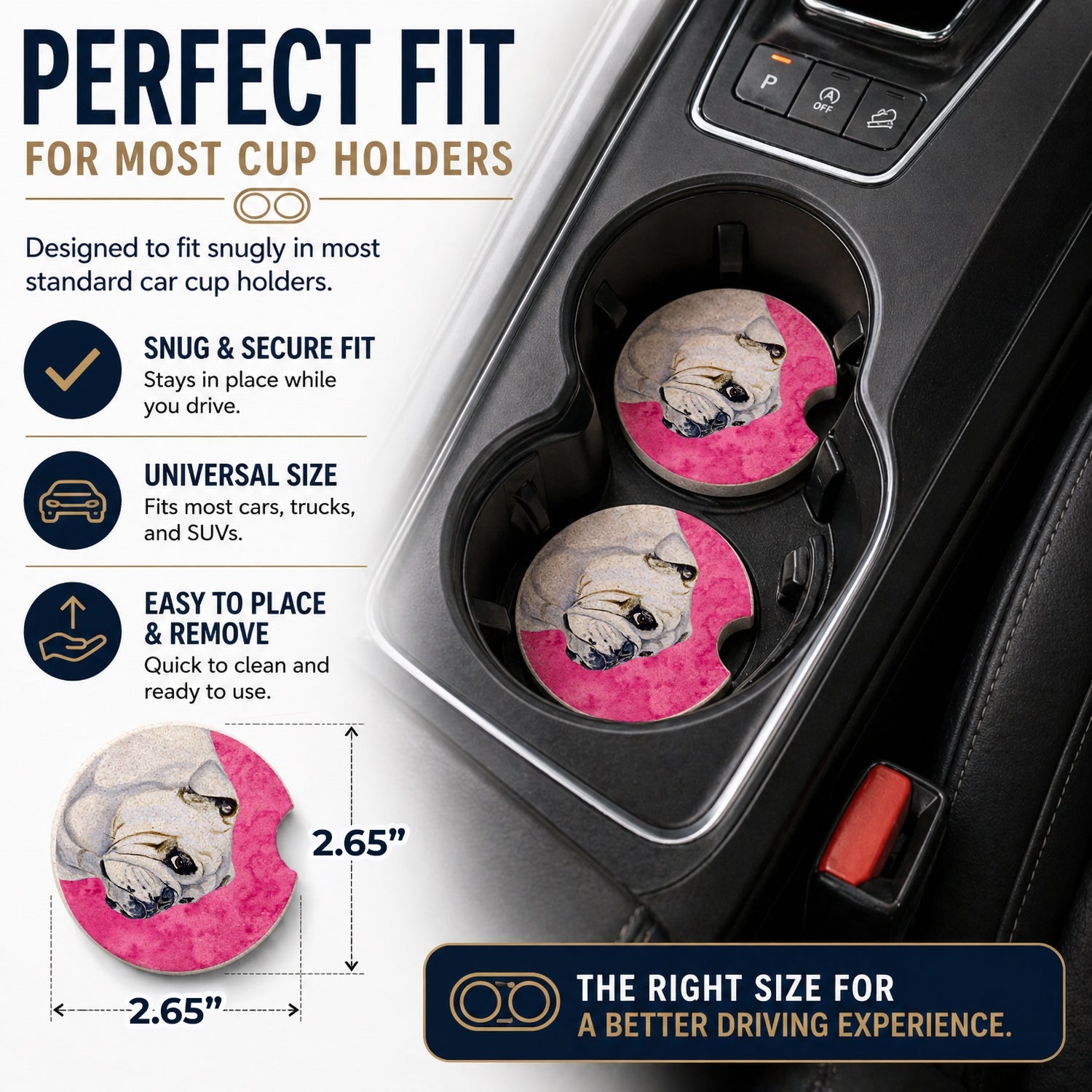 Pink Bulldog English Set of 2 Cup Holder Car Coasters Absorbent Round Sandstone Coasters Gifts for Men or Women, 2.5, Multicolor