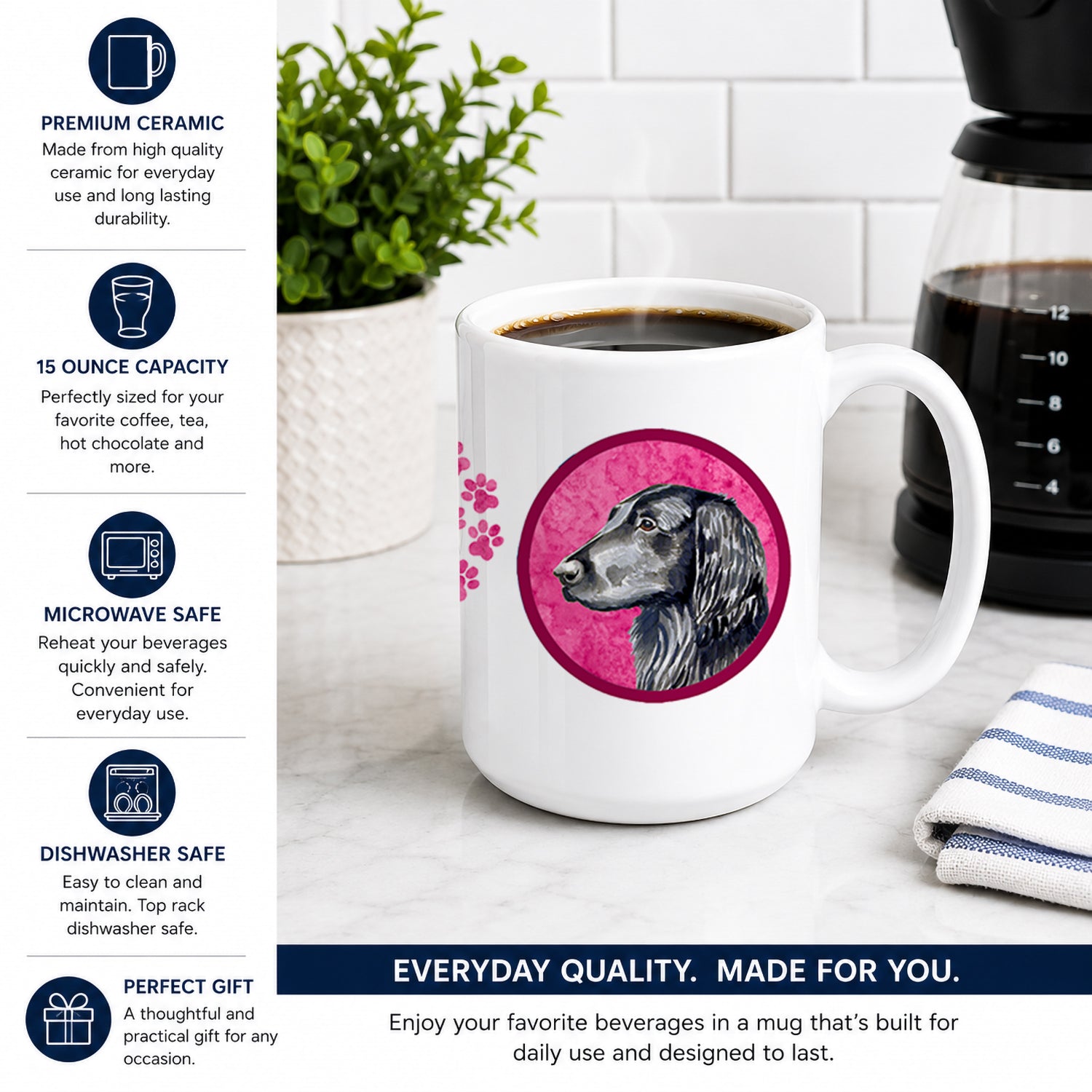 Pink Flat Coated Retriever Ceramic Coffee Mug 15 oz Decorative Large C Handle Mug Cup for Tea, Cocoa Hot Chocolate