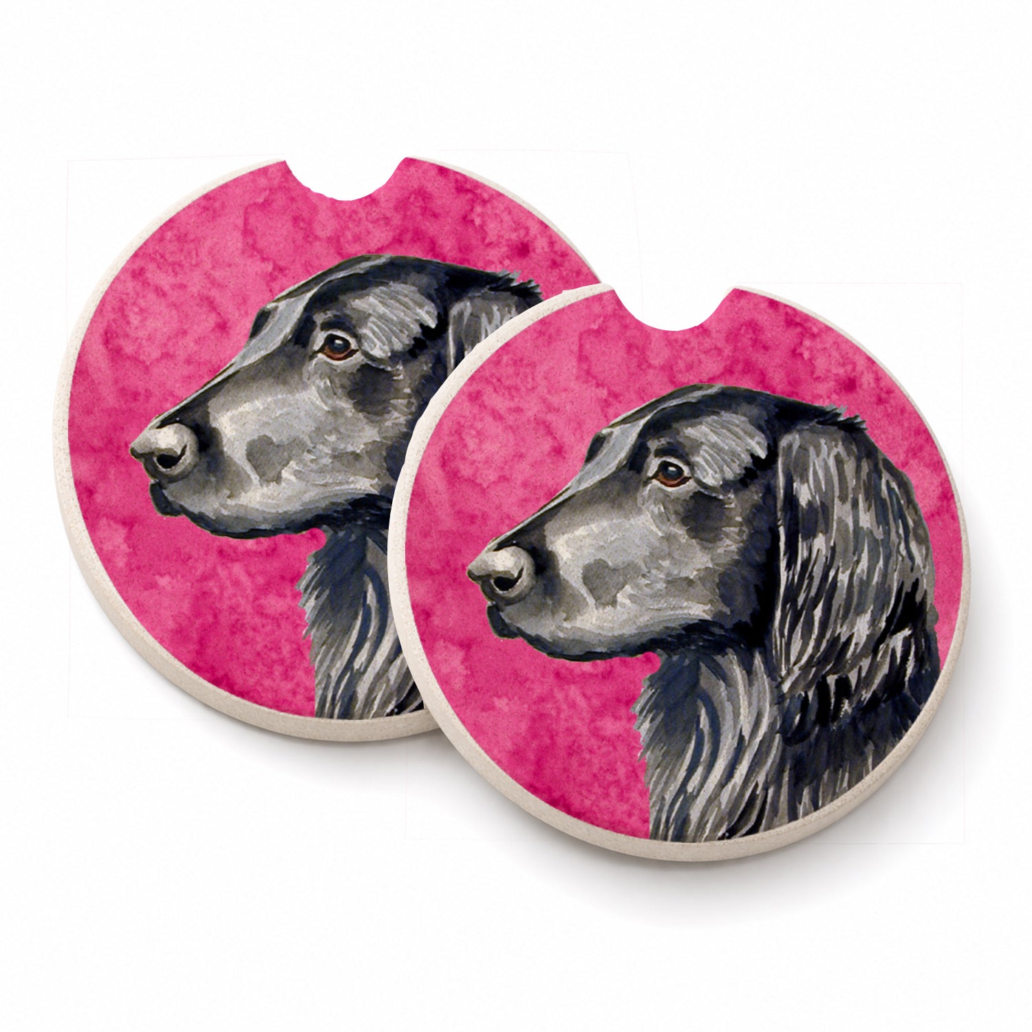 Pink Flat Coated Retriever Set of 2 Cup Holder Car Coasters Absorbent Round Sandstone Coasters Gifts for Men or Women, 2.5, Multicolor