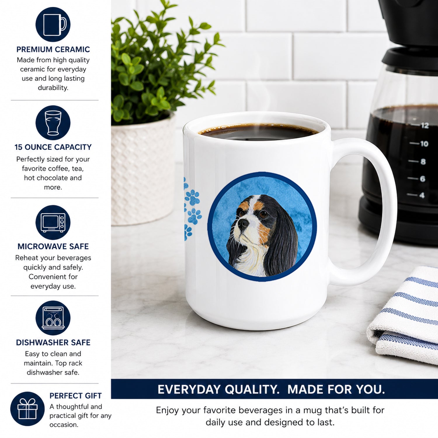 Blue Cavalier Spaniel Ceramic Coffee Mug 15 oz Decorative Large C Handle Mug Cup for Tea, Cocoa Hot Chocolate