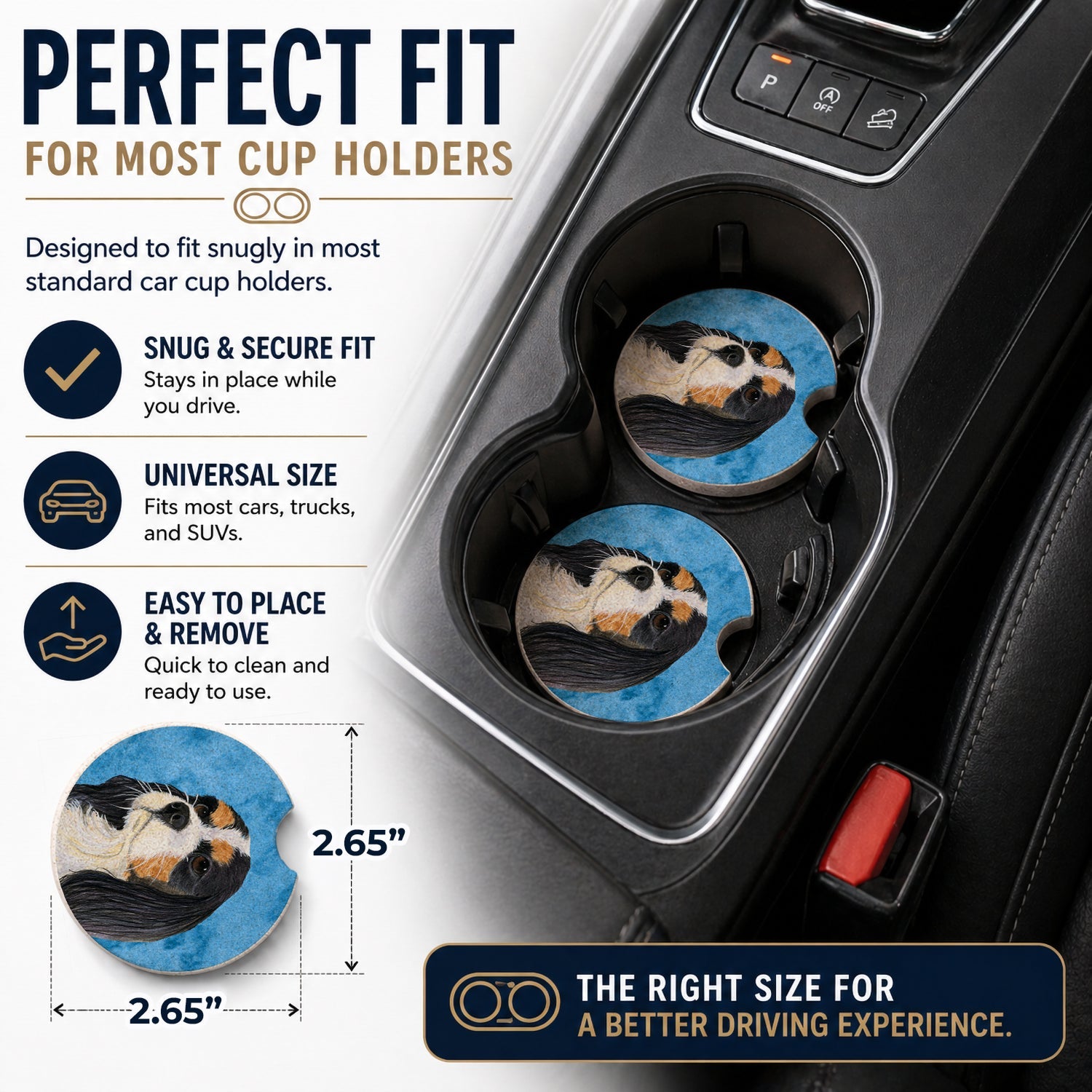 Blue Cavalier Spaniel Set of 2 Cup Holder Car Coasters Absorbent Round Sandstone Coasters Gifts for Men or Women, 2.5, Multicolor