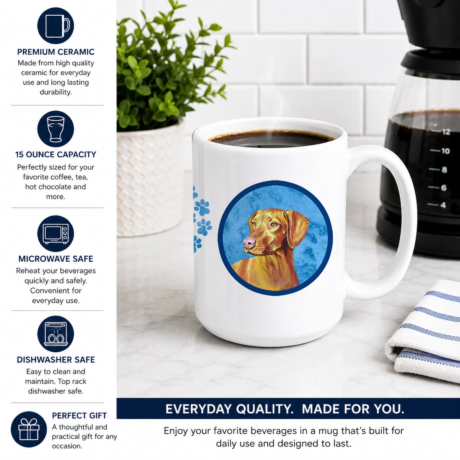 Blue Vizsla Ceramic Coffee Mug 15 oz Decorative Large C Handle Mug Cup for Tea, Cocoa Hot Chocolate