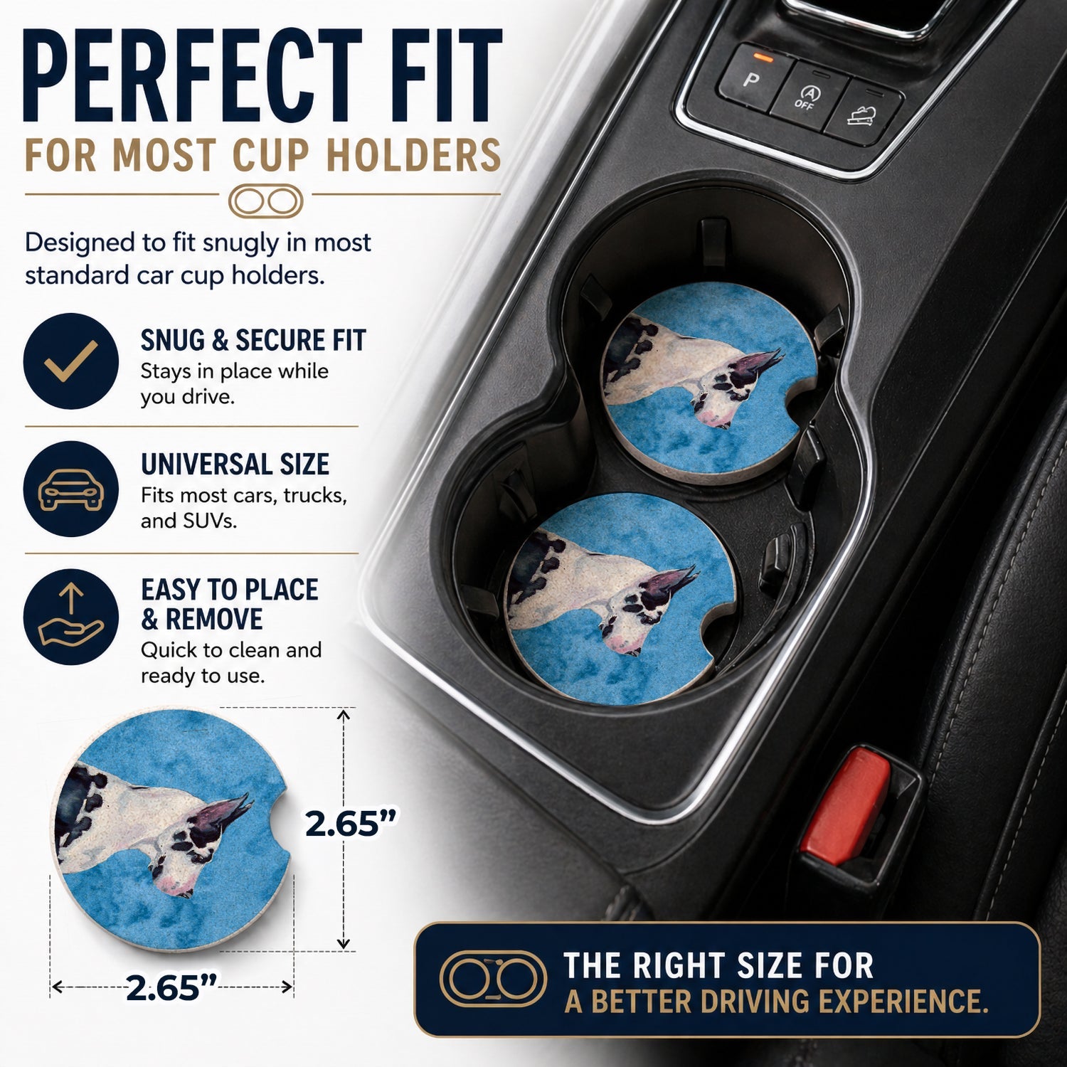 Blue Great Dane Set of 2 Cup Holder Car Coasters Absorbent Round Sandstone Coasters Gifts for Men or Women, 2.5, Multicolor