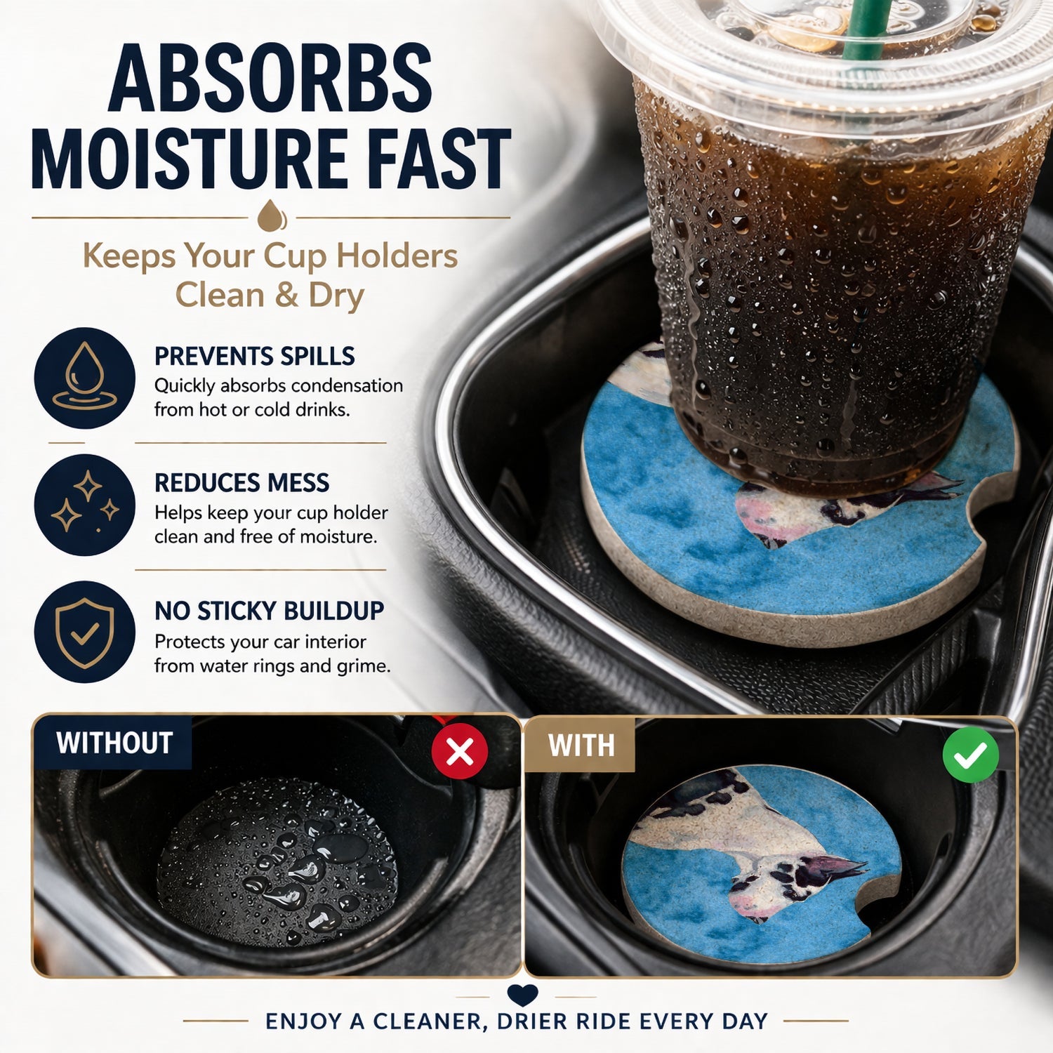 Blue Great Dane Set of 2 Cup Holder Car Coasters Absorbent Round Sandstone Coasters Gifts for Men or Women, 2.5, Multicolor