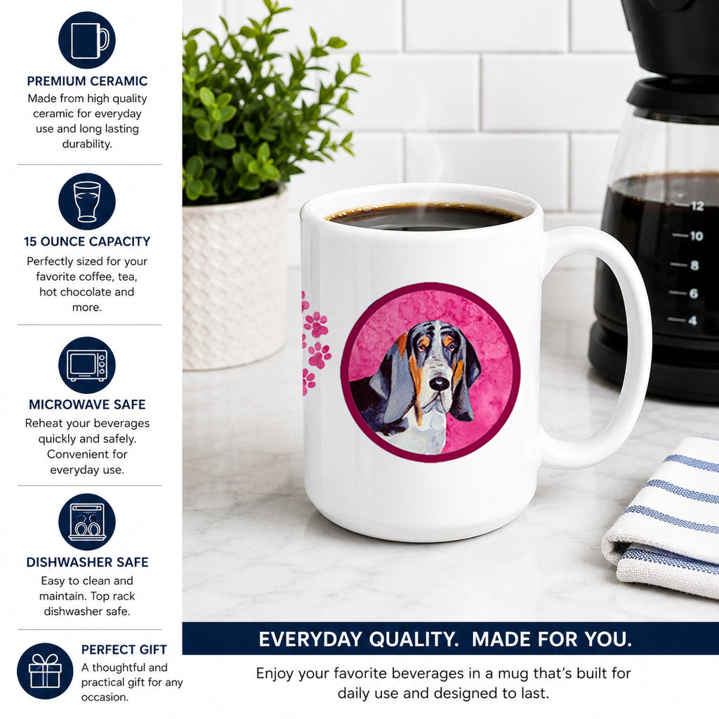 Pink Basset Hound Ceramic Coffee Mug 15 oz Decorative Large C Handle Mug Cup for Tea, Cocoa Hot Chocolate