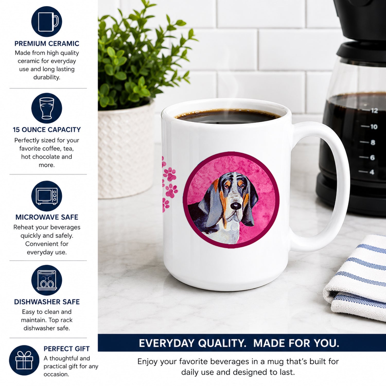Pink Basset Hound Ceramic Coffee Mug 15 oz Decorative Large C Handle Mug Cup for Tea, Cocoa Hot Chocolate