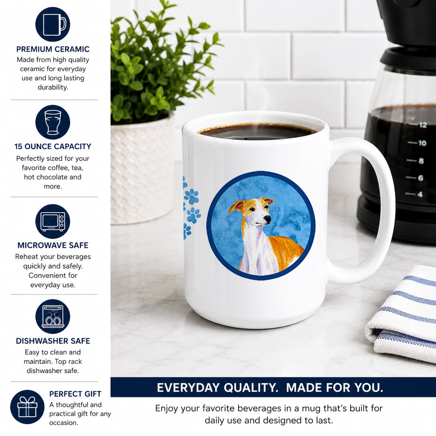 Blue Whippet Ceramic Coffee Mug 15 oz Decorative Large C Handle Mug Cup for Tea, Cocoa Hot Chocolate