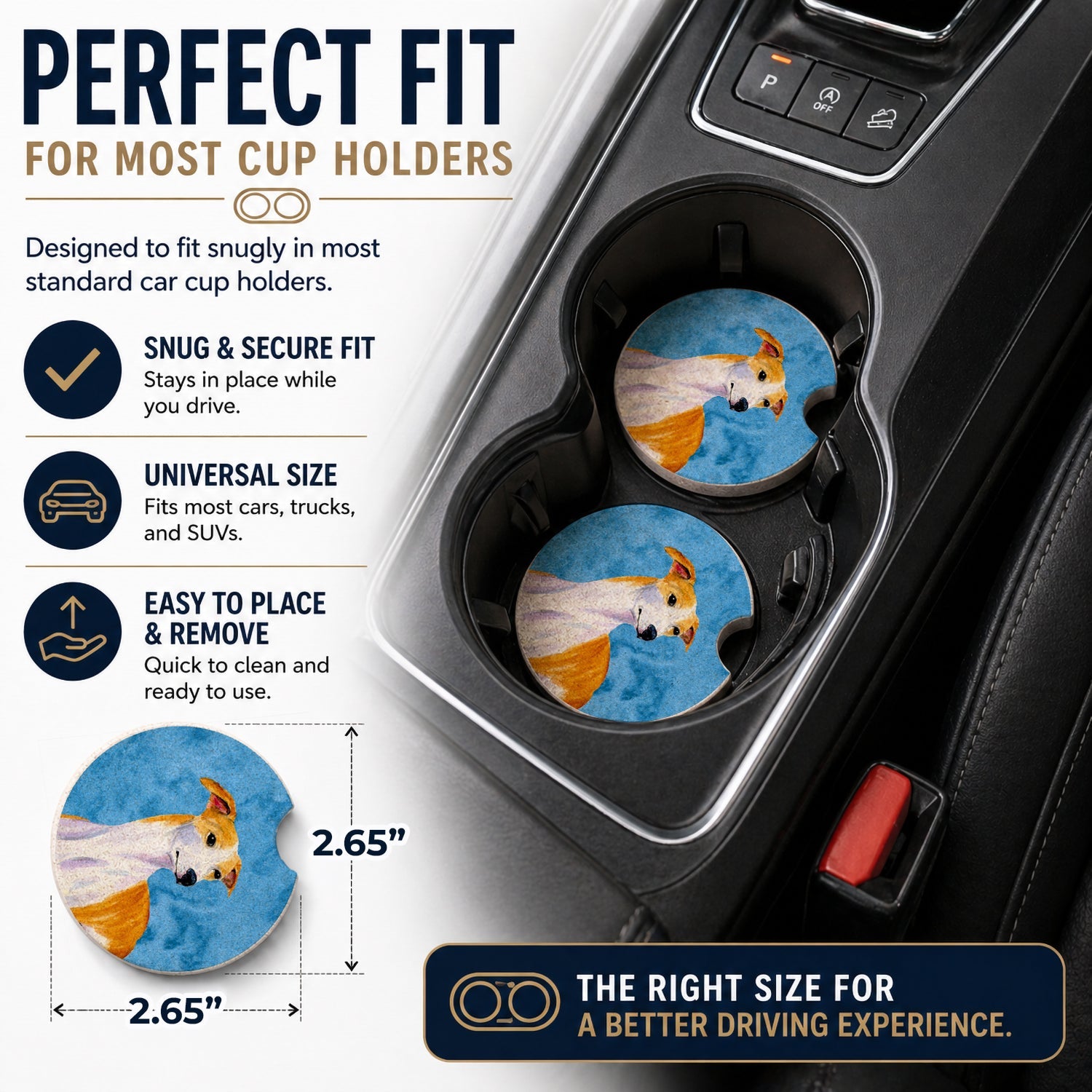 Blue Whippet Set of 2 Cup Holder Car Coasters Absorbent Round Sandstone Coasters Gifts for Men or Women, 2.5, Multicolor