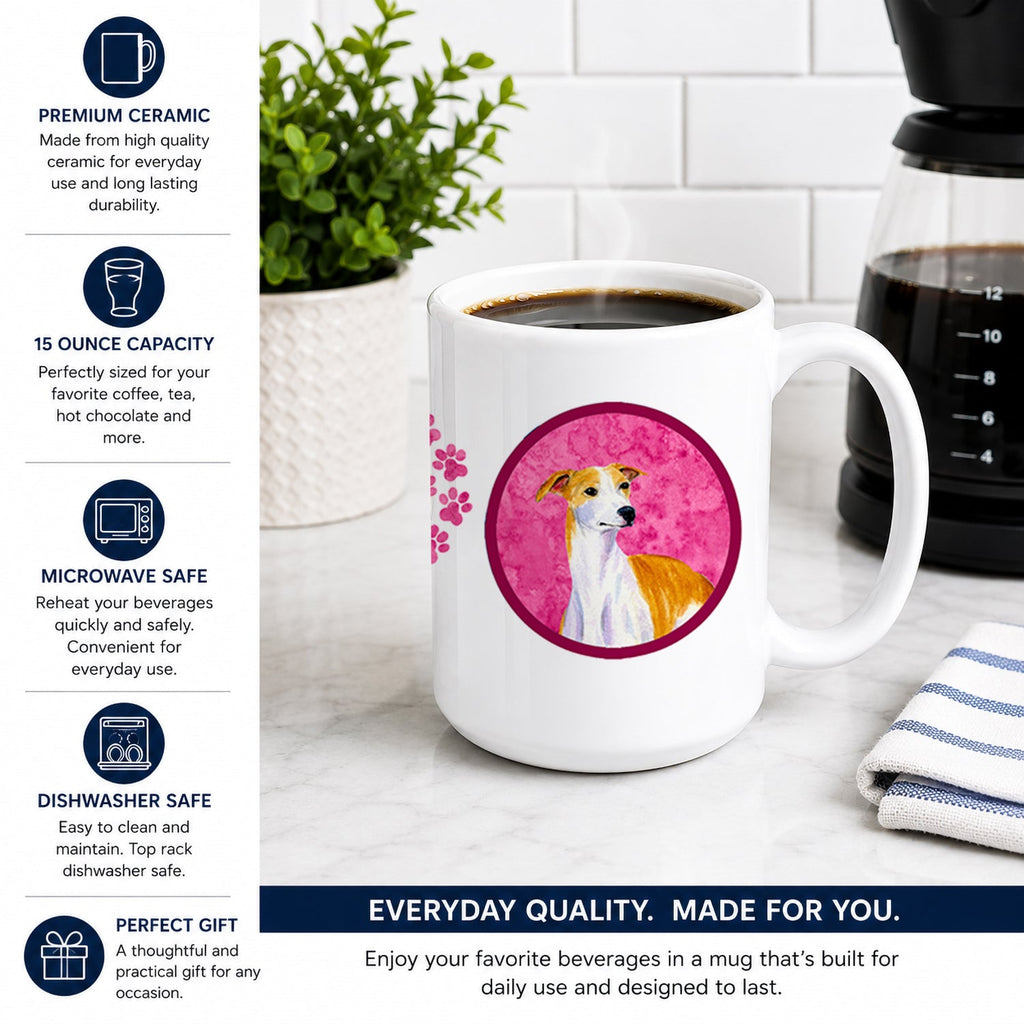 Pink Whippet Ceramic Coffee Mug 15 oz Decorative Large C Handle Mug Cup for Tea, Cocoa Hot Chocolate