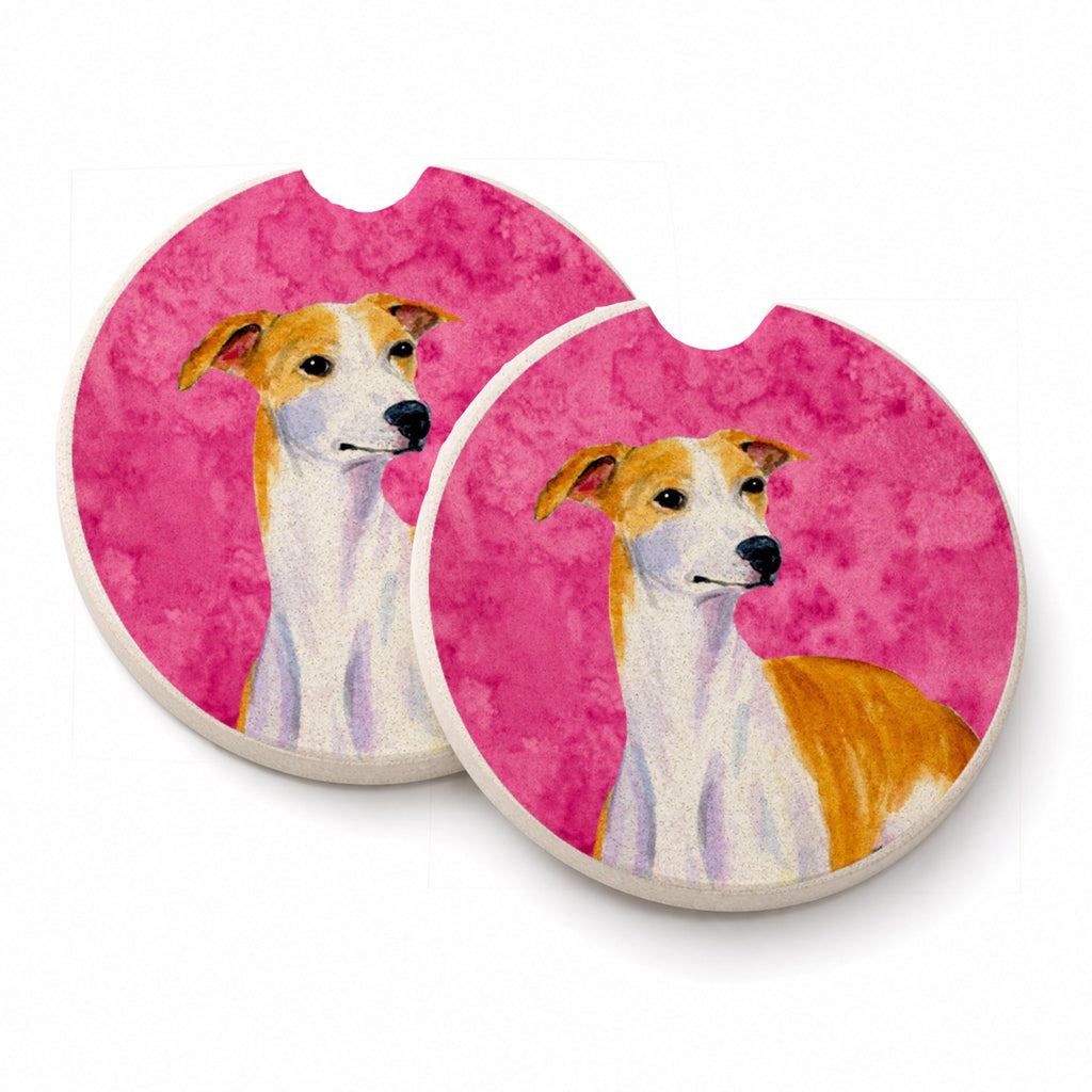 Pink Whippet Set of 2 Cup Holder Car Coasters Absorbent Round Sandstone Coasters Gifts for Men or Women, 2.5, Multicolor