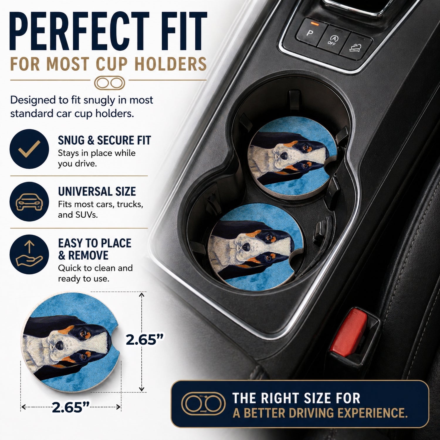 Blue Basset Hound Set of 2 Cup Holder Car Coasters Absorbent Round Sandstone Coasters Gifts for Men or Women, 2.5, Multicolor
