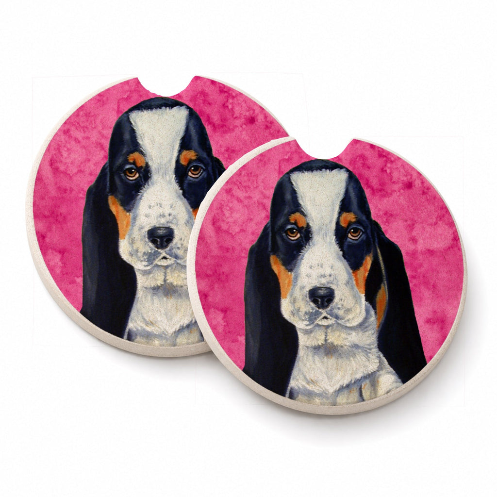 Pink Basset Hound Set of 2 Cup Holder Car Coasters Absorbent Round Sandstone Coasters Gifts for Men or Women, 2.5, Multicolor
