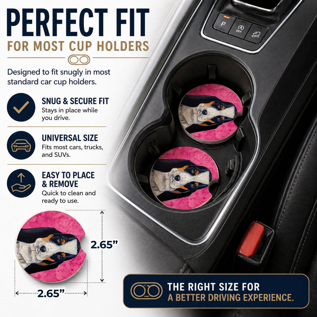 Pink Basset Hound Set of 2 Cup Holder Car Coasters Absorbent Round Sandstone Coasters Gifts for Men or Women, 2.5, Multicolor