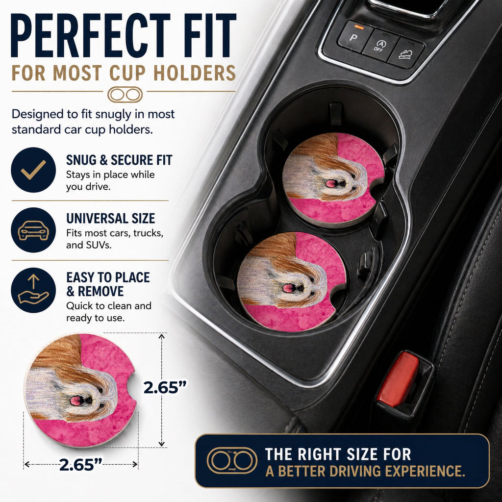 Pink Bearded Collie Set of 2 Cup Holder Car Coasters Absorbent Round Sandstone Coasters Gifts for Men or Women, 2.5, Multicolor