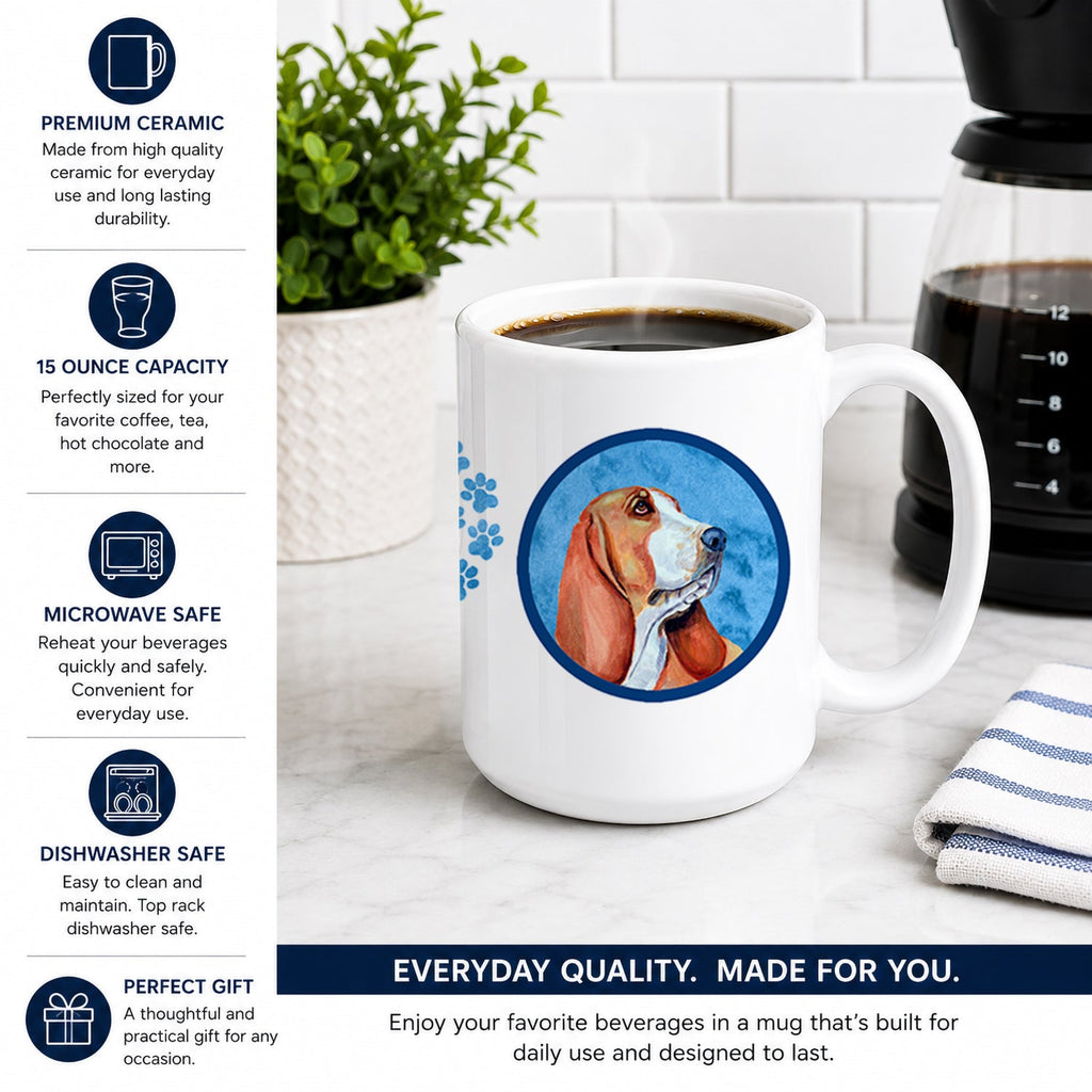 Blue Basset Hound Ceramic Coffee Mug 15 oz Decorative Large C Handle Mug Cup for Tea, Cocoa Hot Chocolate