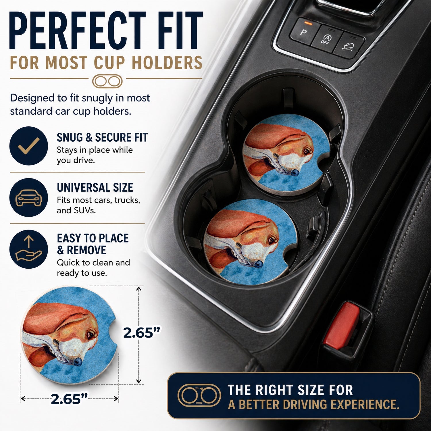 Blue Basset Hound Set of 2 Cup Holder Car Coasters Absorbent Round Sandstone Coasters Gifts for Men or Women, 2.5, Multicolor